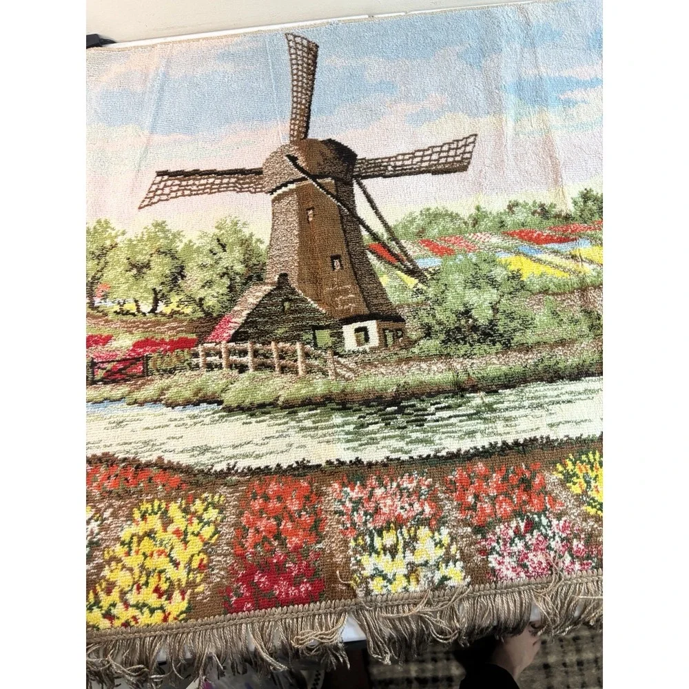 Vintage Dutch Waterways River Wall Tapestry Rug Art Windmill Tulip Fields 25x43